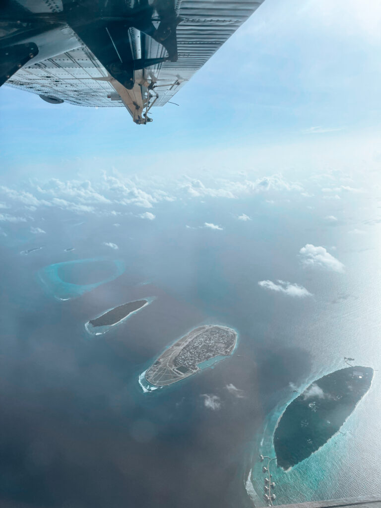 Birds eye view of Maldives islands from sea plane